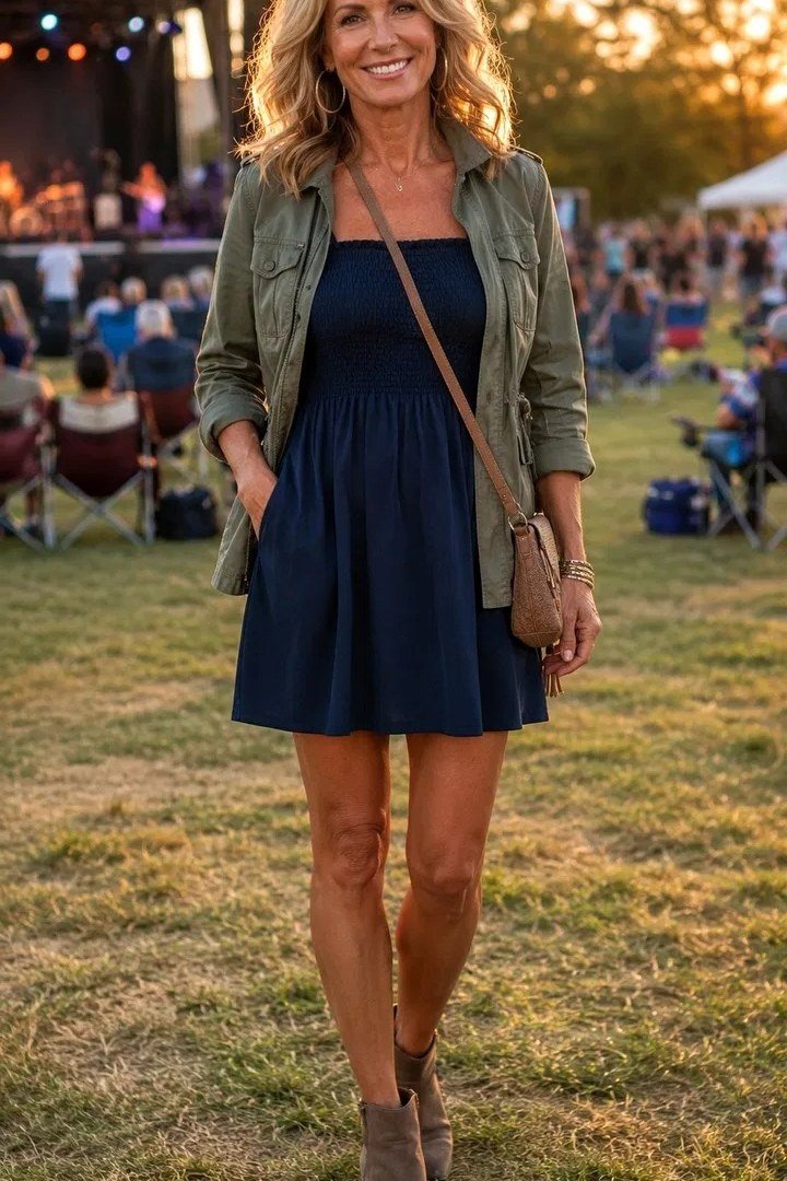 blonde woman walking an outdoor concert in an olive utility jacket over a navy smocked mini dress and tan ankle boots with a crossbody