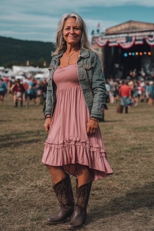 silver-haired woman at a festival in a faded denim jacket over a dusty-pink ruffled tiered midi dress and dark brown cowboy boots