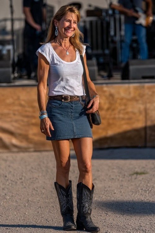 smiling blonde woman at an outdoor stage in a white scoop-neck tee tucked into a denim mini skirt with a brown belt and tall black embroidered cowboy boots