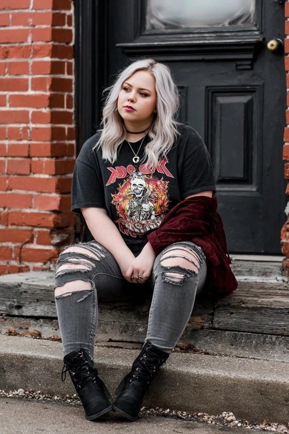 silver-haired young woman sitting on steps in a vintage rock band tee, ripped gray skinny jeans and black lace-up boots with a burgundy cardigan nearby