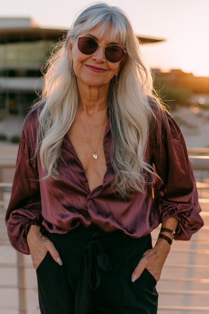 smiling silver-haired woman at sunset in a burgundy satin surplice blouse tucked into black wide-leg pants
