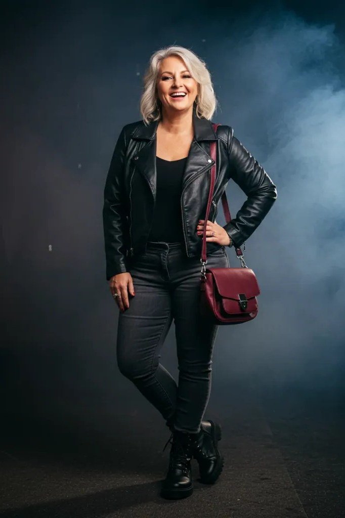 blonde woman in an all-black look with a leather biker jacket, black top, black skinny jeans, black ankle boots and a burgundy crossbody