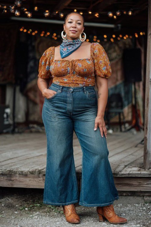 woman in her 40s on a wooden porch venue in a rust-orange floral puff-sleeve top, wide-leg medium-wash jeans, tan boots and a blue bandana