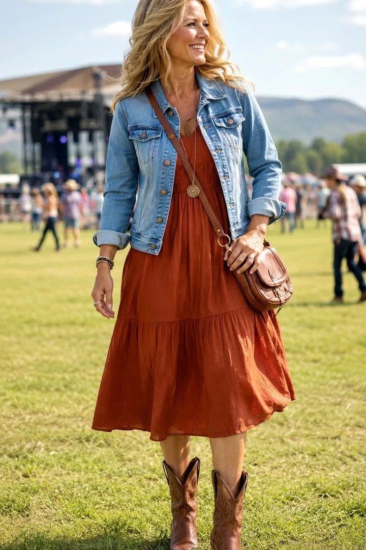 blonde woman walking a festival in a light-wash denim jacket over a rust tiered midi dress and brown cowboy boots