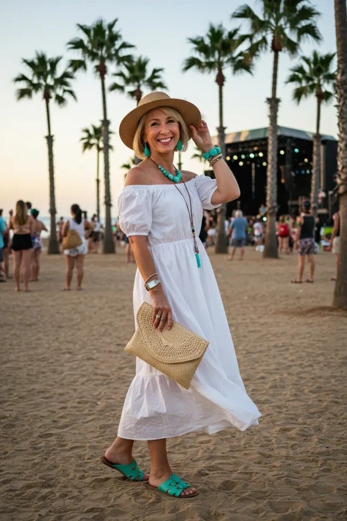 woman in her 40s walking a sandy beach festival in a white off-shoulder maxi dress with puff sleeves, a straw hat, a straw clutch and turquoise sandals