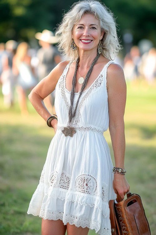 silver-haired woman at a festival in a white eyelet-embroidered sleeveless midi dress, layered necklaces and a brown leather tote
