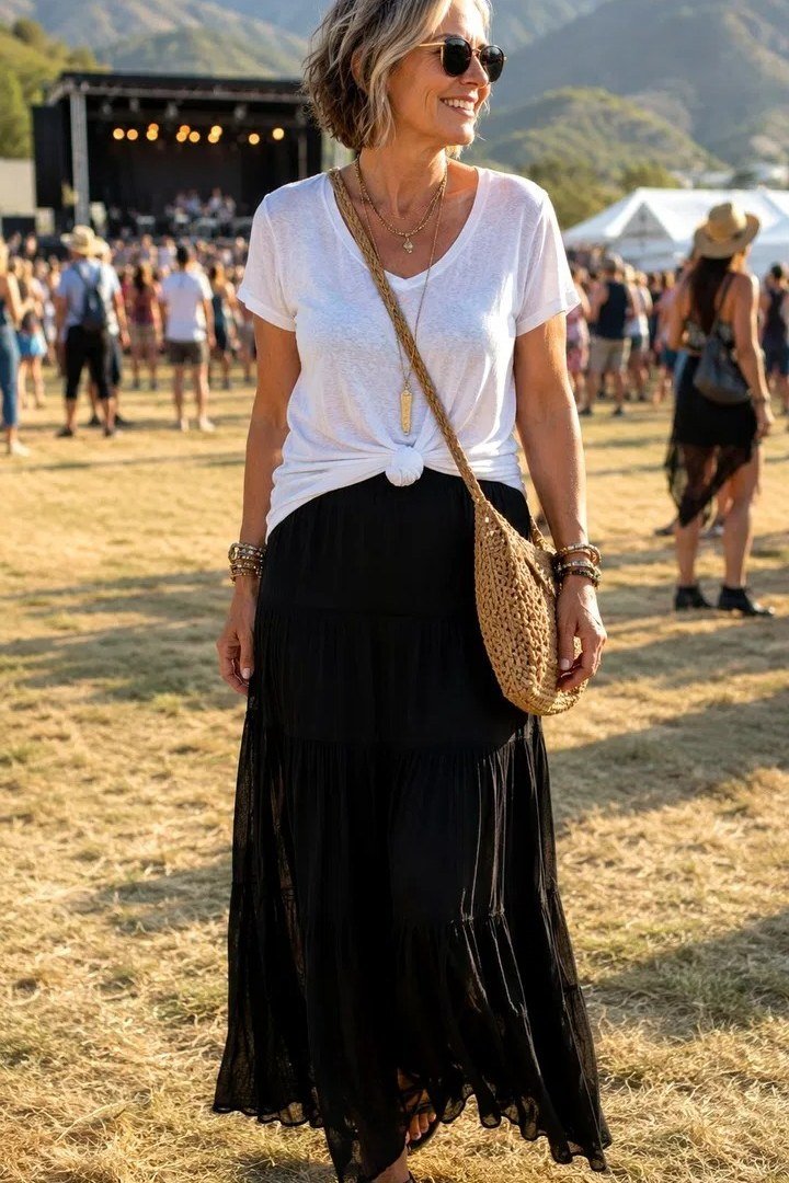 woman walking a festival in a white knotted tee, a long black tiered maxi skirt and a woven crossbody with sunglasses on