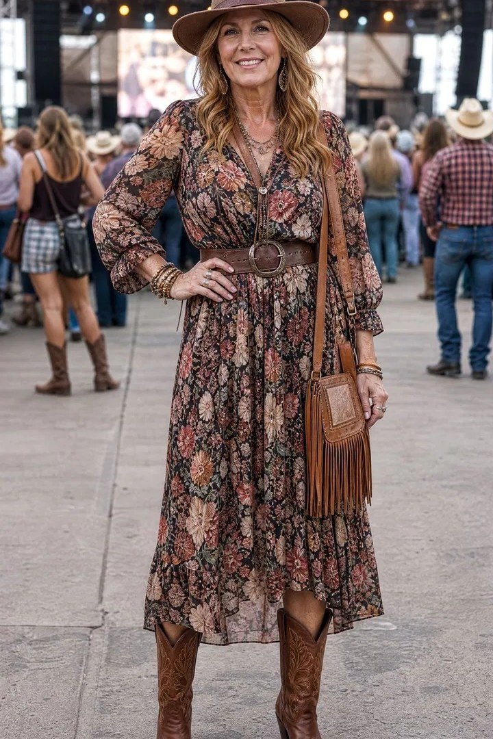 smiling blonde woman at a night festival in a wide-brim hat, a dark paisley midi dress with a brown belt, brown cowboy boots and a fringe crossbody