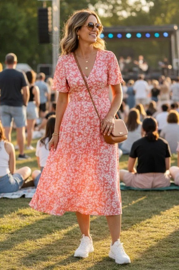 blonde woman walking a festival in a pink floral v-neck midi dress with flutter sleeves, white sneakers and a tan crossbody