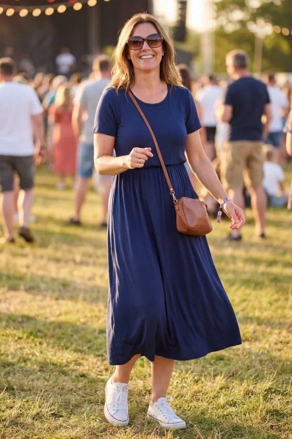 blonde woman walking a festival in a simple navy short-sleeve midi dress, a tan crossbody and white sneakers
