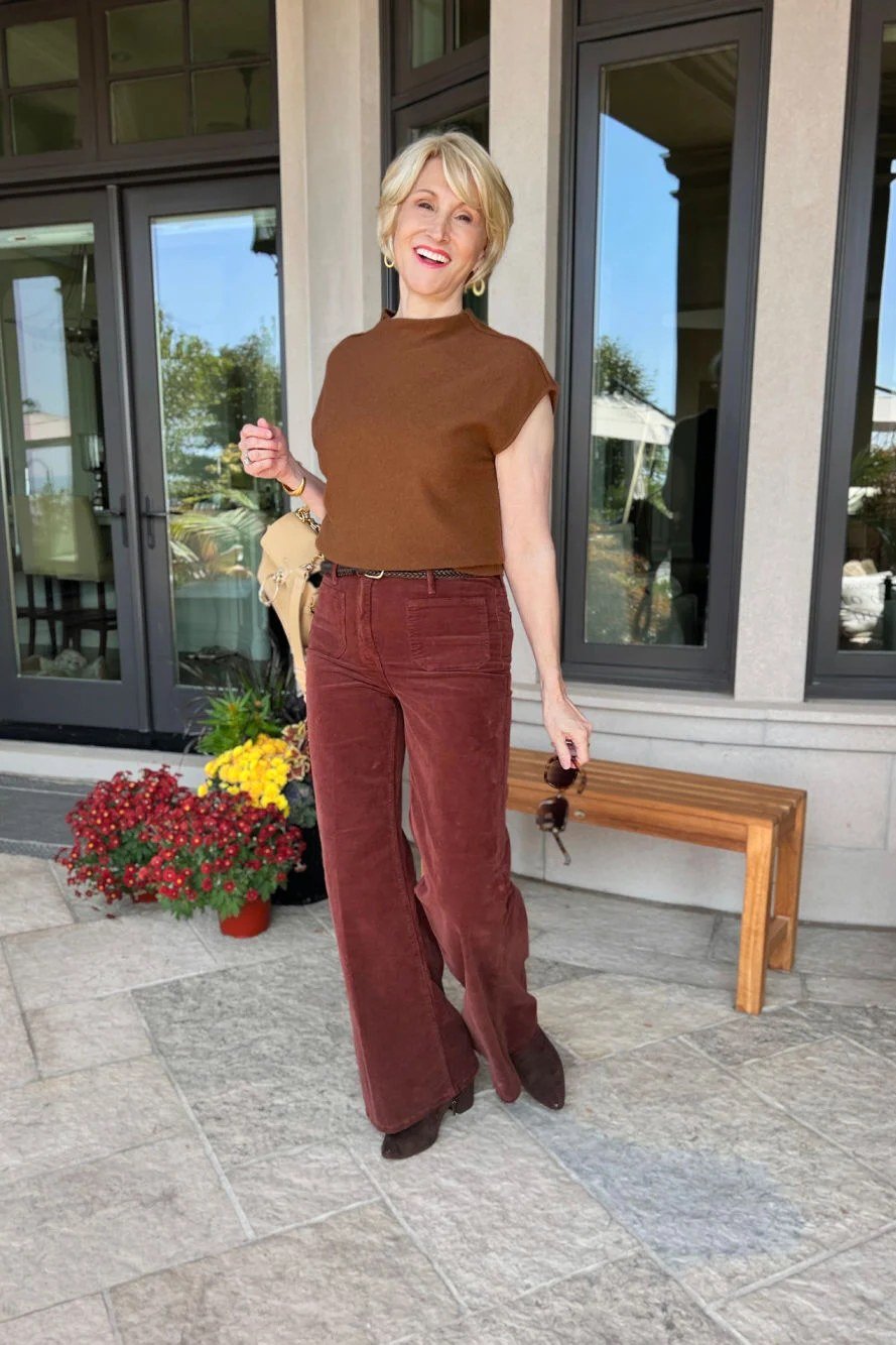 Rust Tee with Burgundy Cords - corduroy outfit idea for women over 50