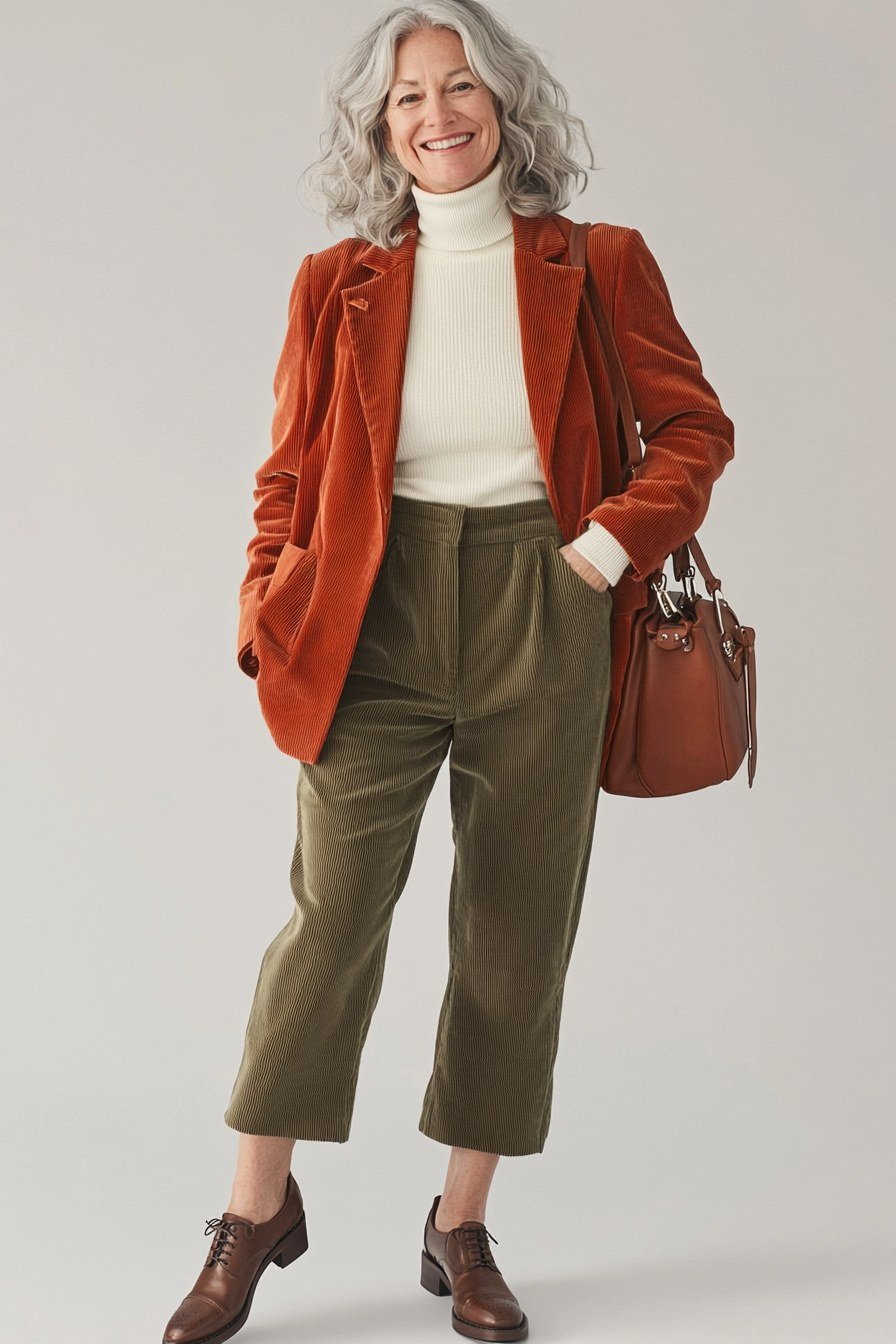 Rust Blazer with Olive Cords - corduroy outfit idea for women over 50