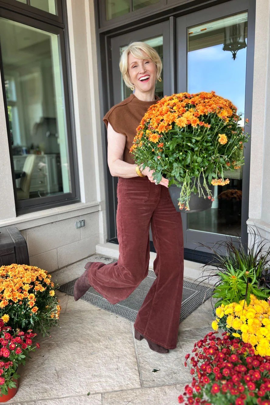 Rust Knit Top with Burgundy Flared Cords - corduroy outfit idea for women over 50