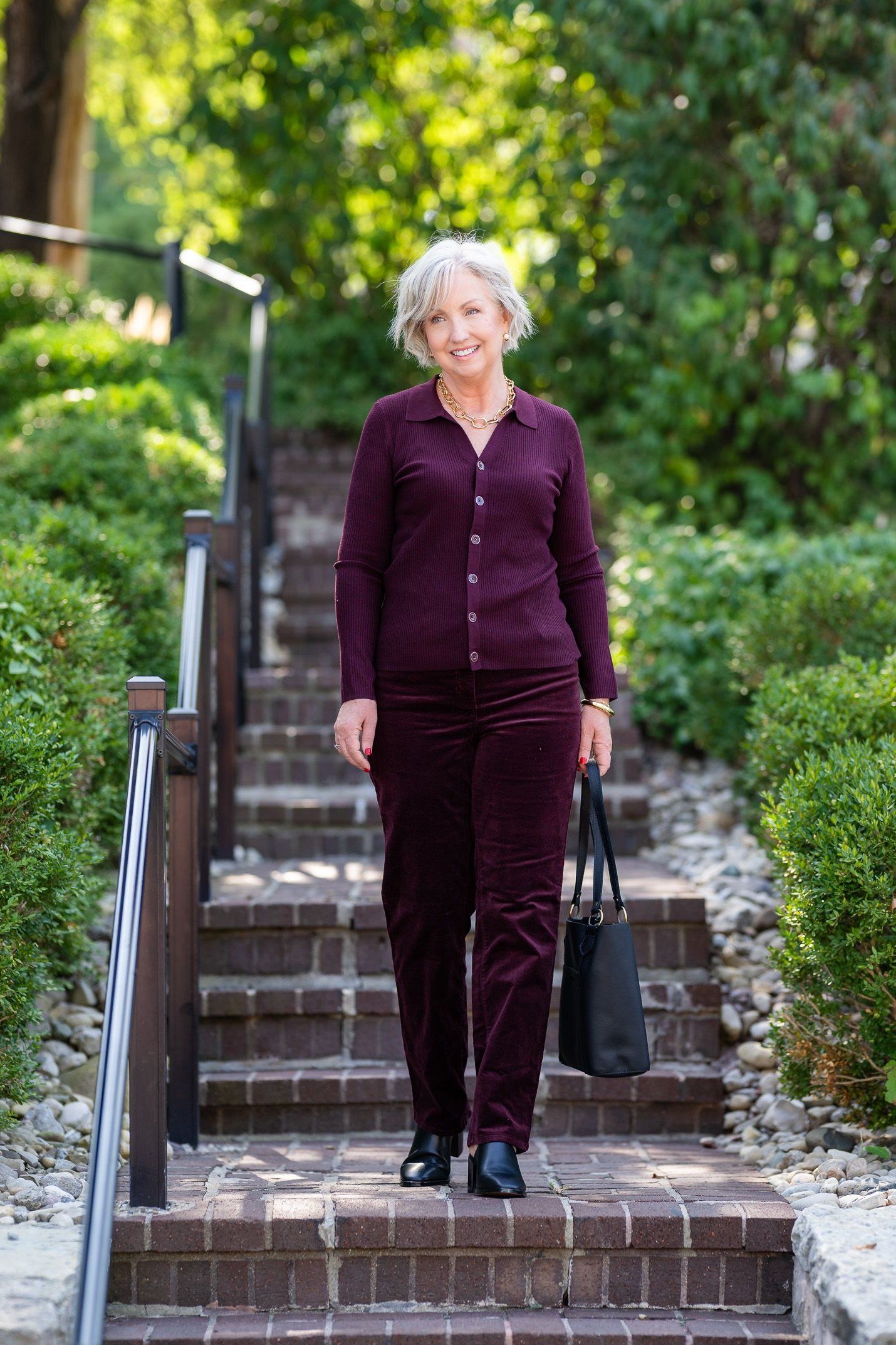 Plum Corduroy Shirt Suit - corduroy outfit idea for women over 50