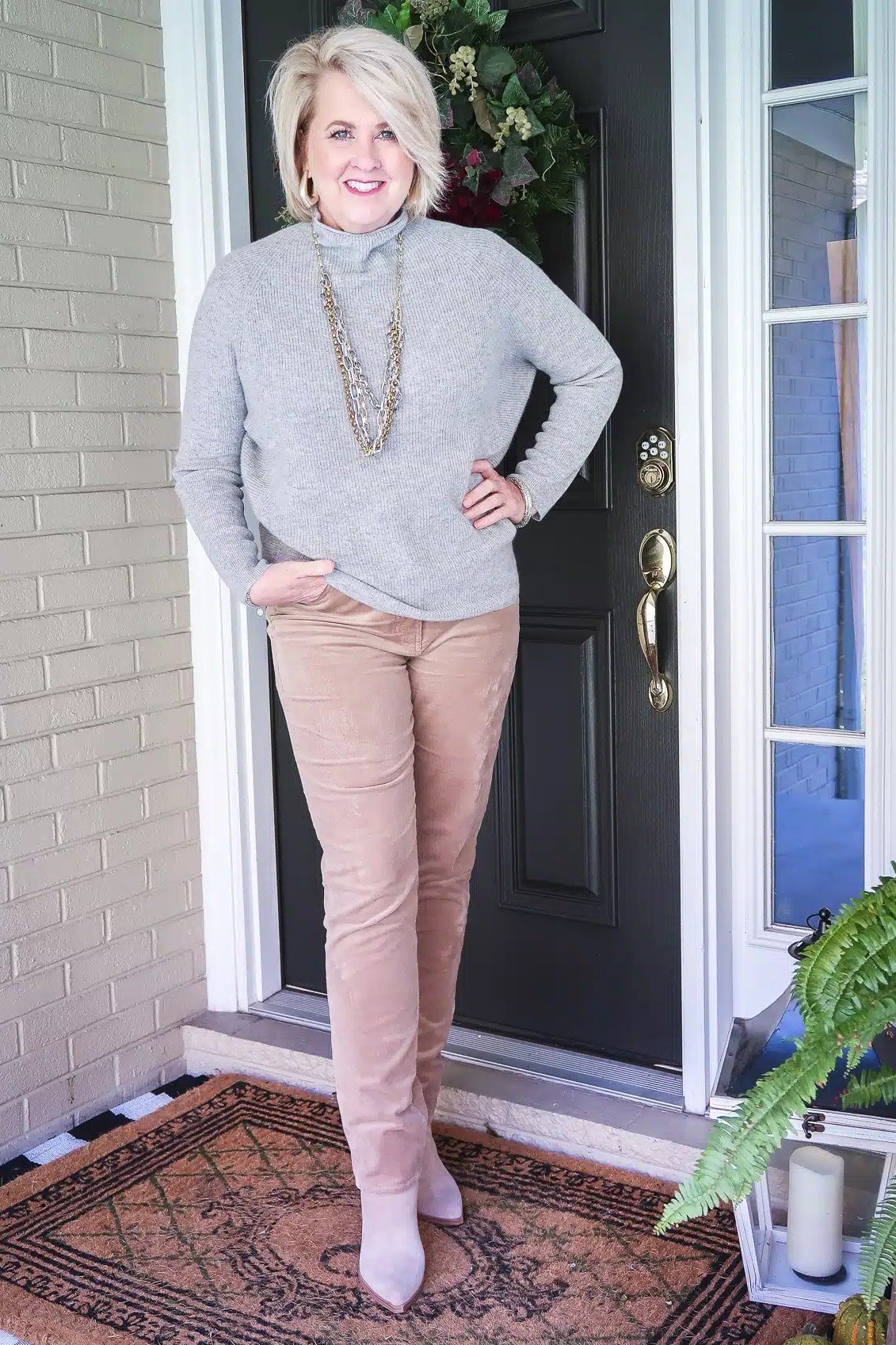 Grey Sweater with Blush Cords - corduroy outfit idea for women over 50