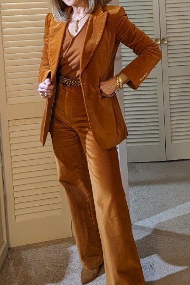 Cognac Corduroy Suit - corduroy outfit idea for women over 50