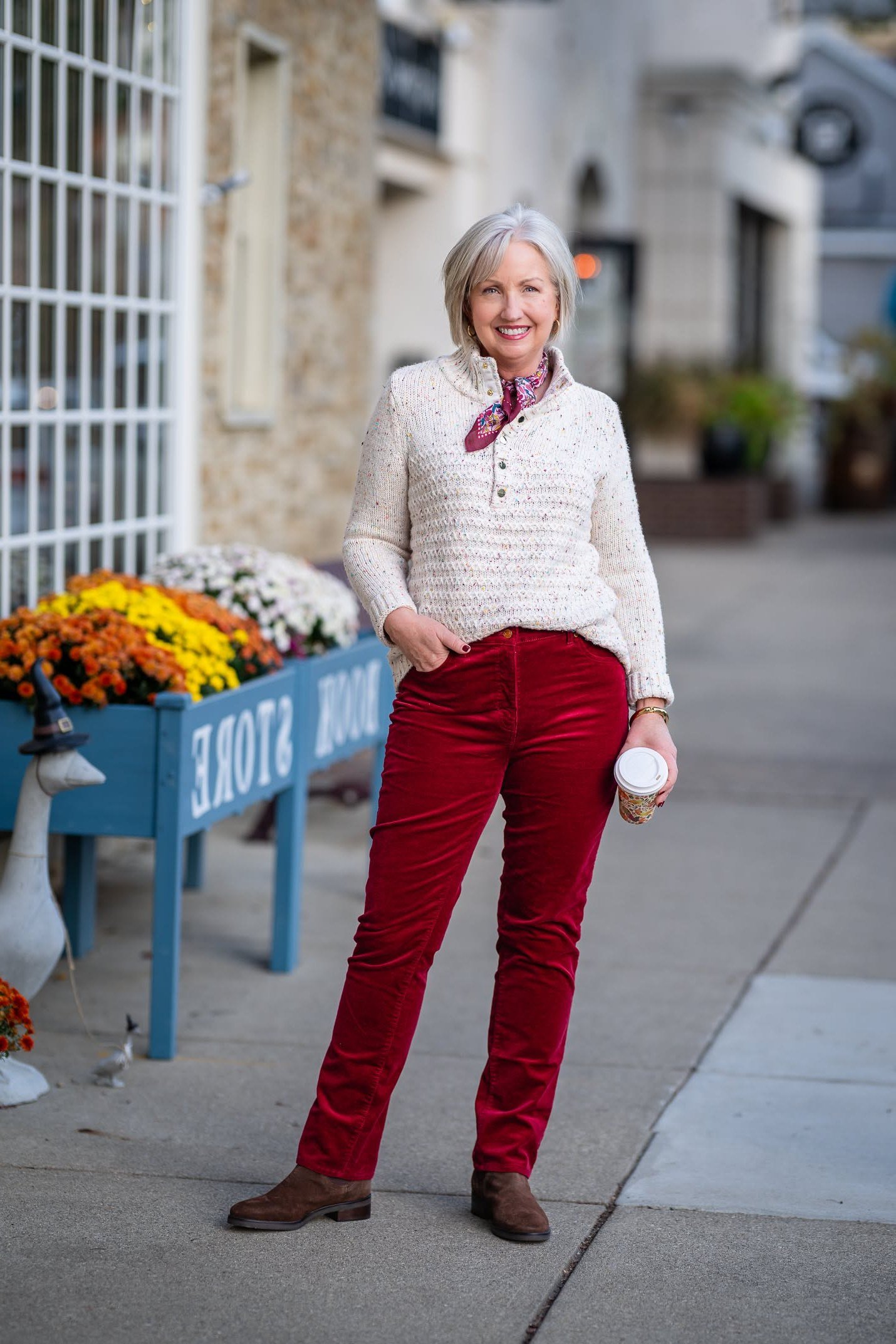 Cream Cardigan with Red Cords - corduroy outfit idea for women over 50