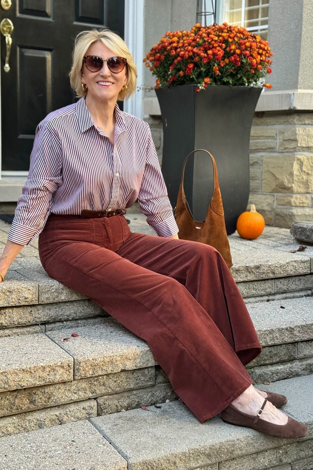 Lavender Shirt with Burgundy Wide-Leg Cords - corduroy outfit idea for women over 50