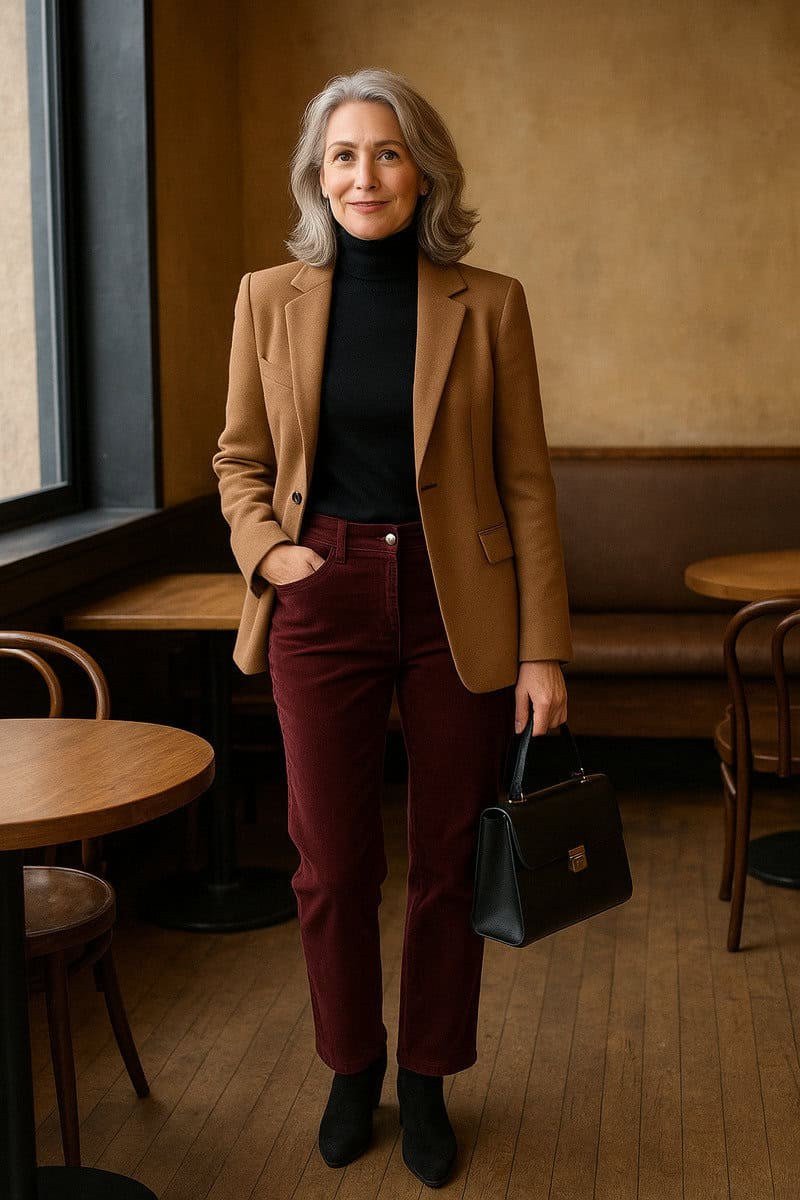 Camel Blazer with Burgundy Cords - corduroy outfit idea for women over 50