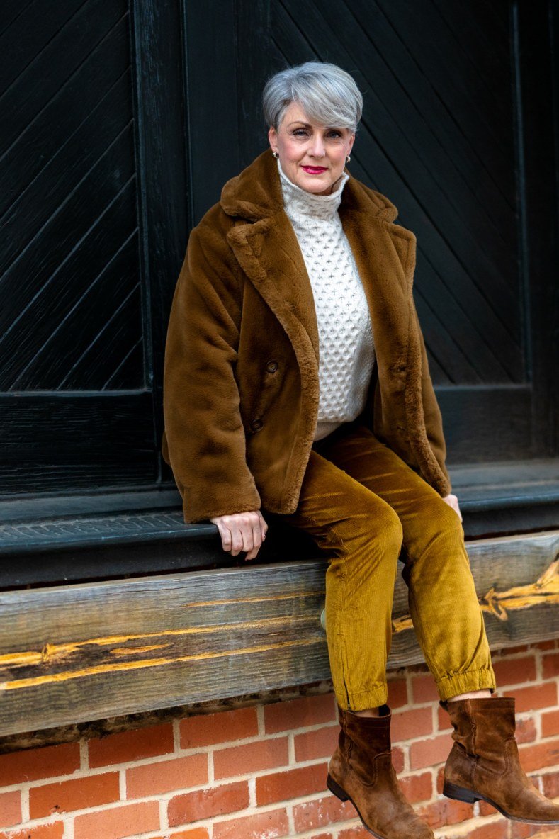 Brown Blazer with Mustard Pants - corduroy outfit idea for women over 50