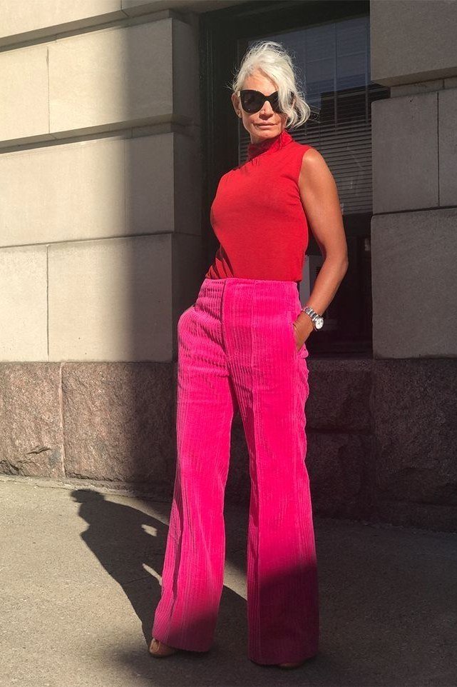 Red Top with Hot Pink Cords - corduroy outfit idea for women over 50