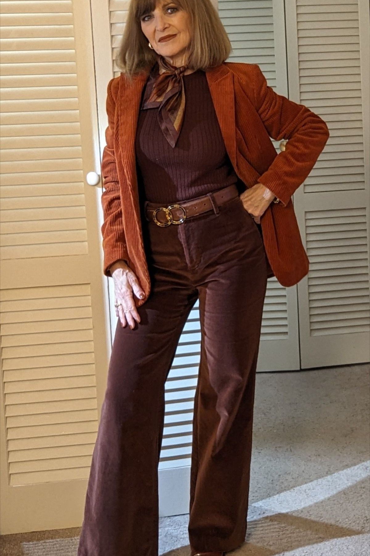 Rust Blazer with Chocolate Cords - corduroy outfit idea for women over 50