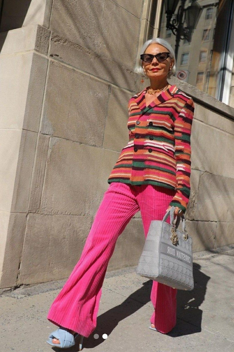 Striped Shirt with Hot Pink Flares - corduroy outfit idea for women over 50