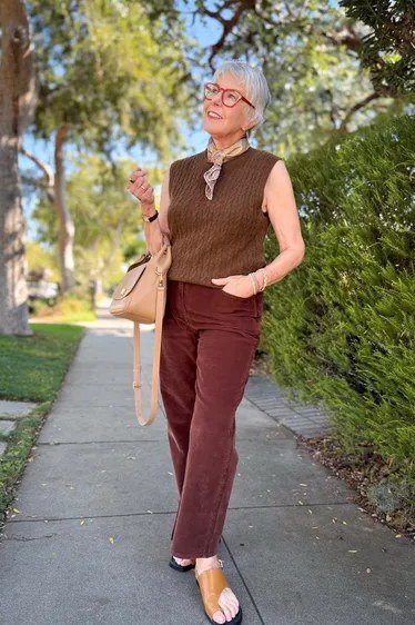Brown Vest with Burgundy Pants - corduroy outfit idea for women over 50