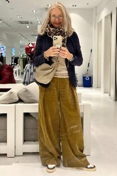 Navy Blazer with Olive Wide-Leg Cords - corduroy outfit idea for women over 50