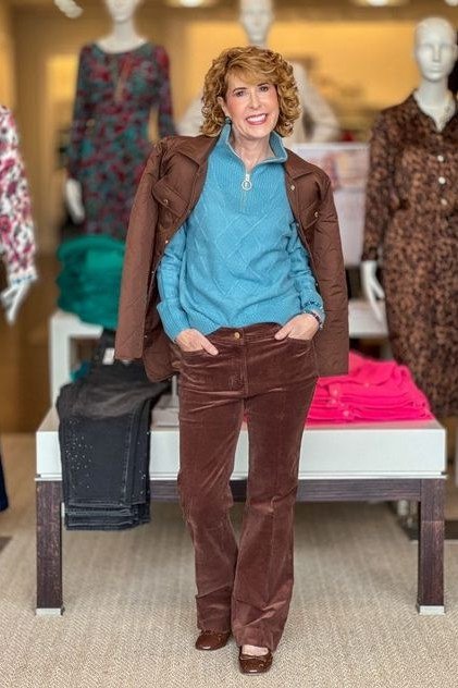 Blue Shirt with Brown Cords - corduroy outfit idea for women over 50