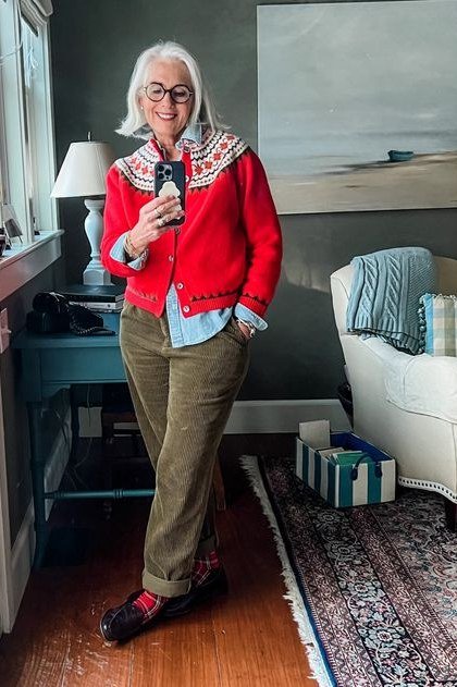 Red Cardigan with Olive Cords - corduroy outfit idea for women over 50