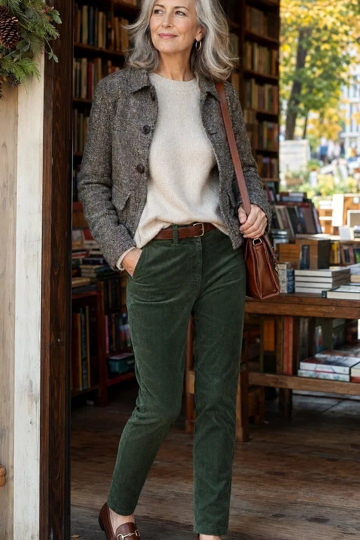 Grey Tweed Jacket with Green Cords - corduroy outfit idea for women over 50