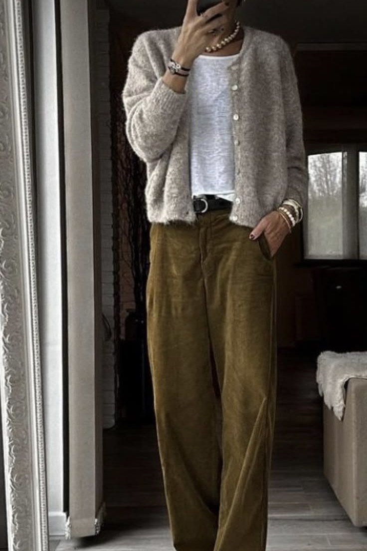 Grey Cardigan with Olive Cords - corduroy outfit idea for women over 50