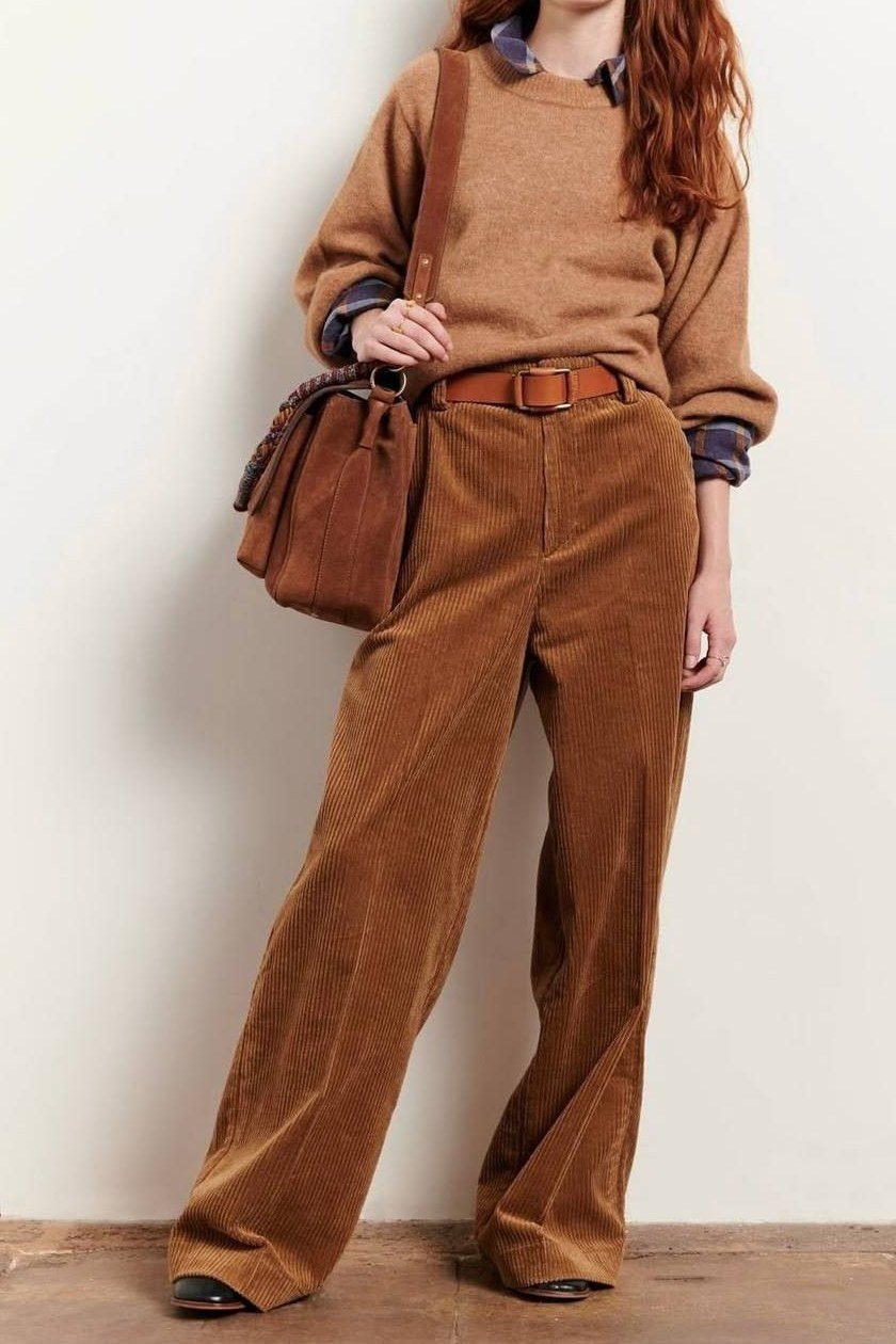 Tan Sweater with Rust Cords - corduroy outfit idea for women over 50