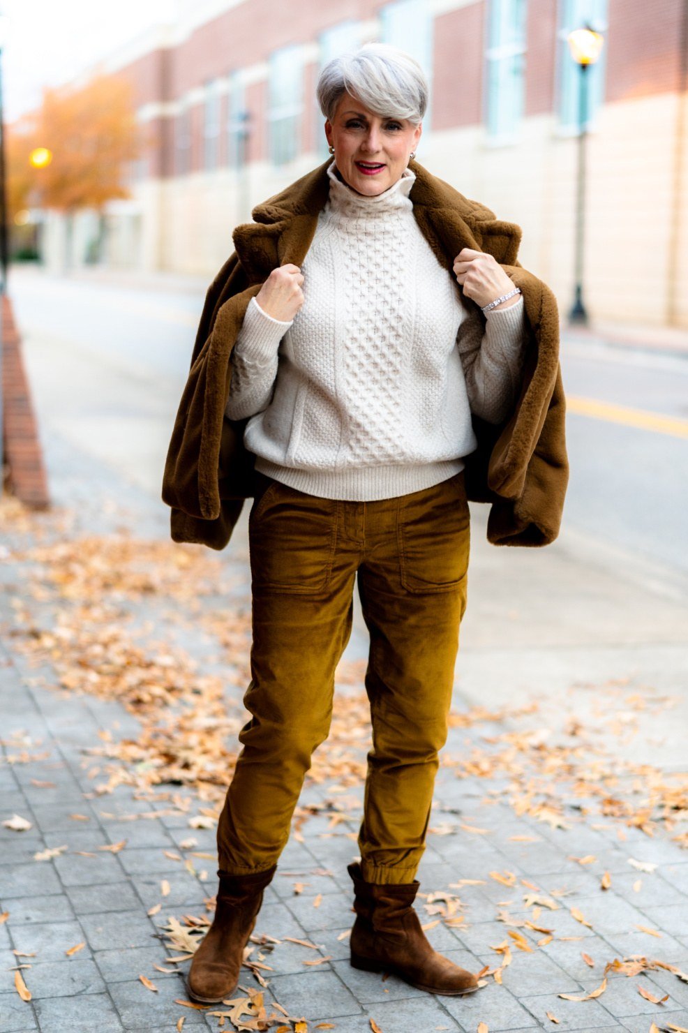 Brown Jacket with Mustard Cords - corduroy outfit idea for women over 50