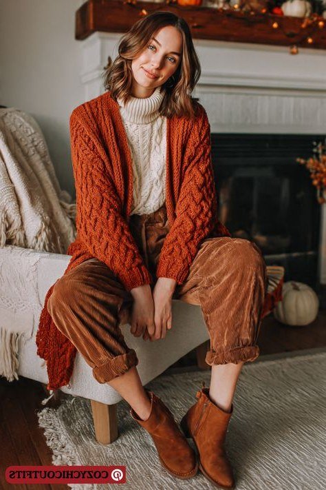 Rust Cardigan with Rust Cords by the Fire - corduroy outfit idea for women over 50