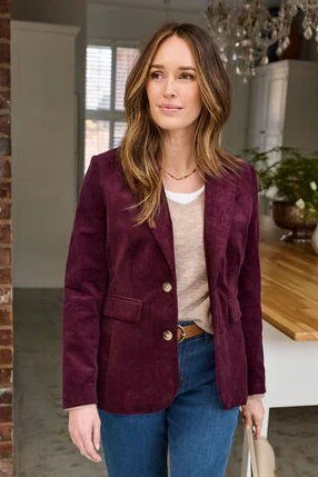 Burgundy Blazer with Jeans - corduroy outfit idea for women over 50