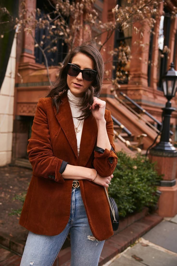 Rust Blazer with Jeans on the Street - corduroy outfit idea for women over 50