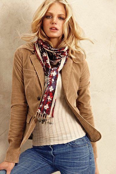 Tan Jacket with Scarf and Jeans - corduroy outfit idea for women over 50