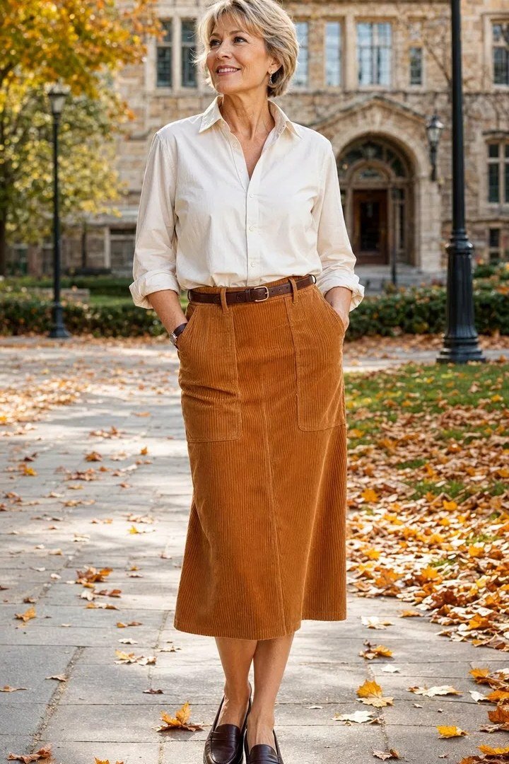 White Shirt with Mustard Midi Skirt - corduroy outfit idea for women over 50