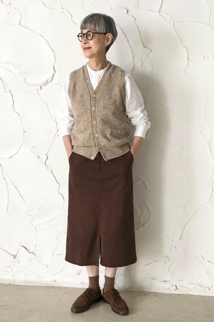 Beige Vest with Brown Skirt - corduroy outfit idea for women over 50