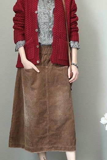 Red Cardigan with Brown Midi Skirt - corduroy outfit idea for women over 50