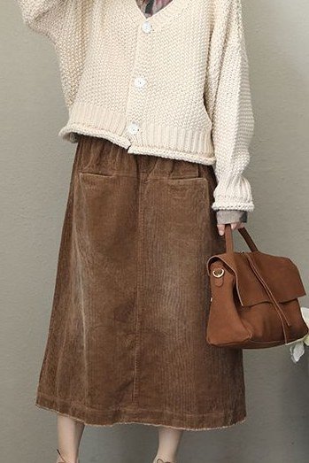 Cream Sweater with Brown Skirt - corduroy outfit idea for women over 50