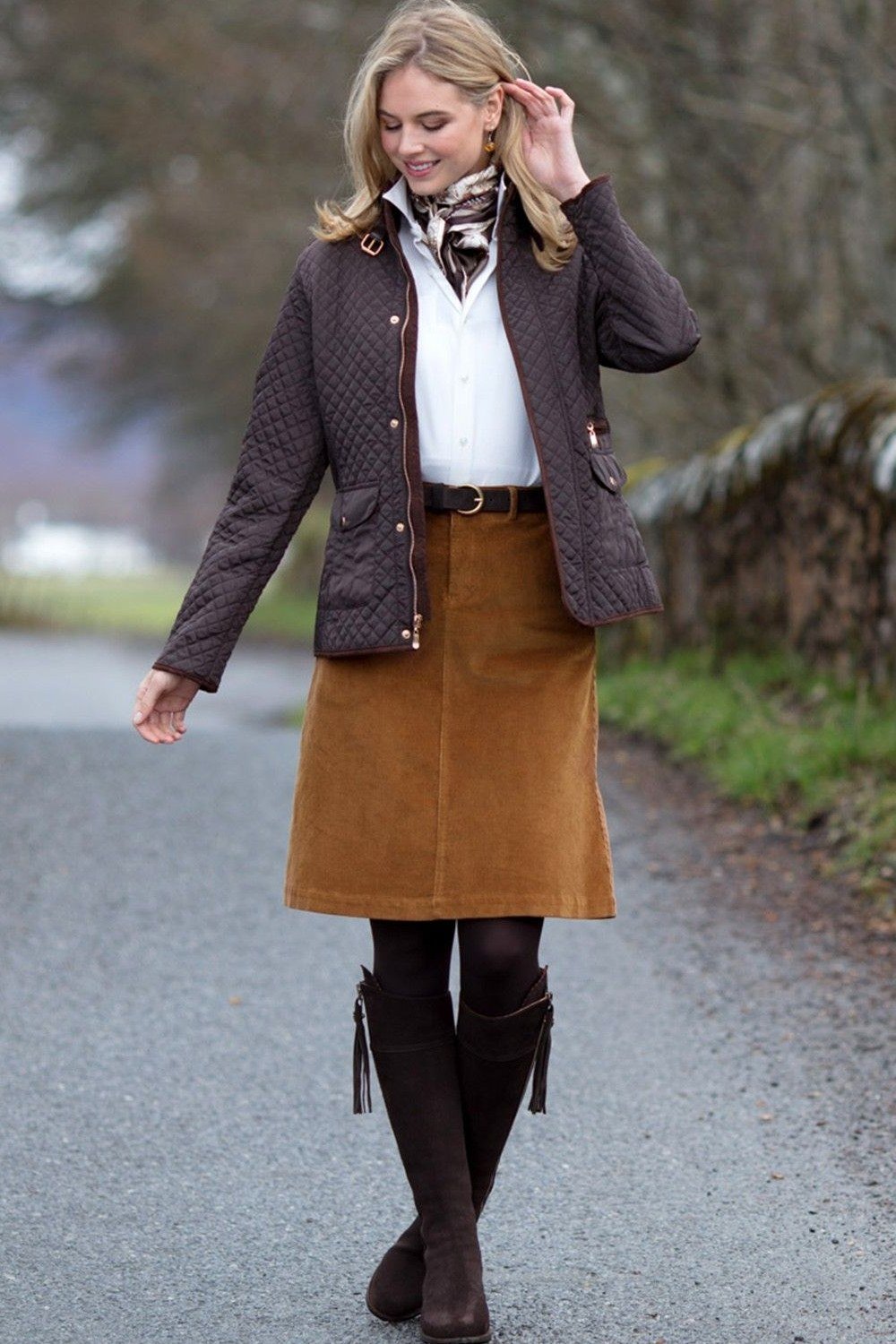 Quilted Jacket with Mustard Skirt - corduroy outfit idea for women over 50