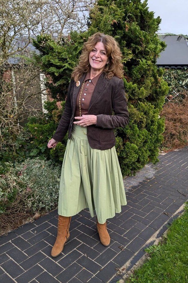 Brown Jacket with Sage Skirt - corduroy outfit idea for women over 50