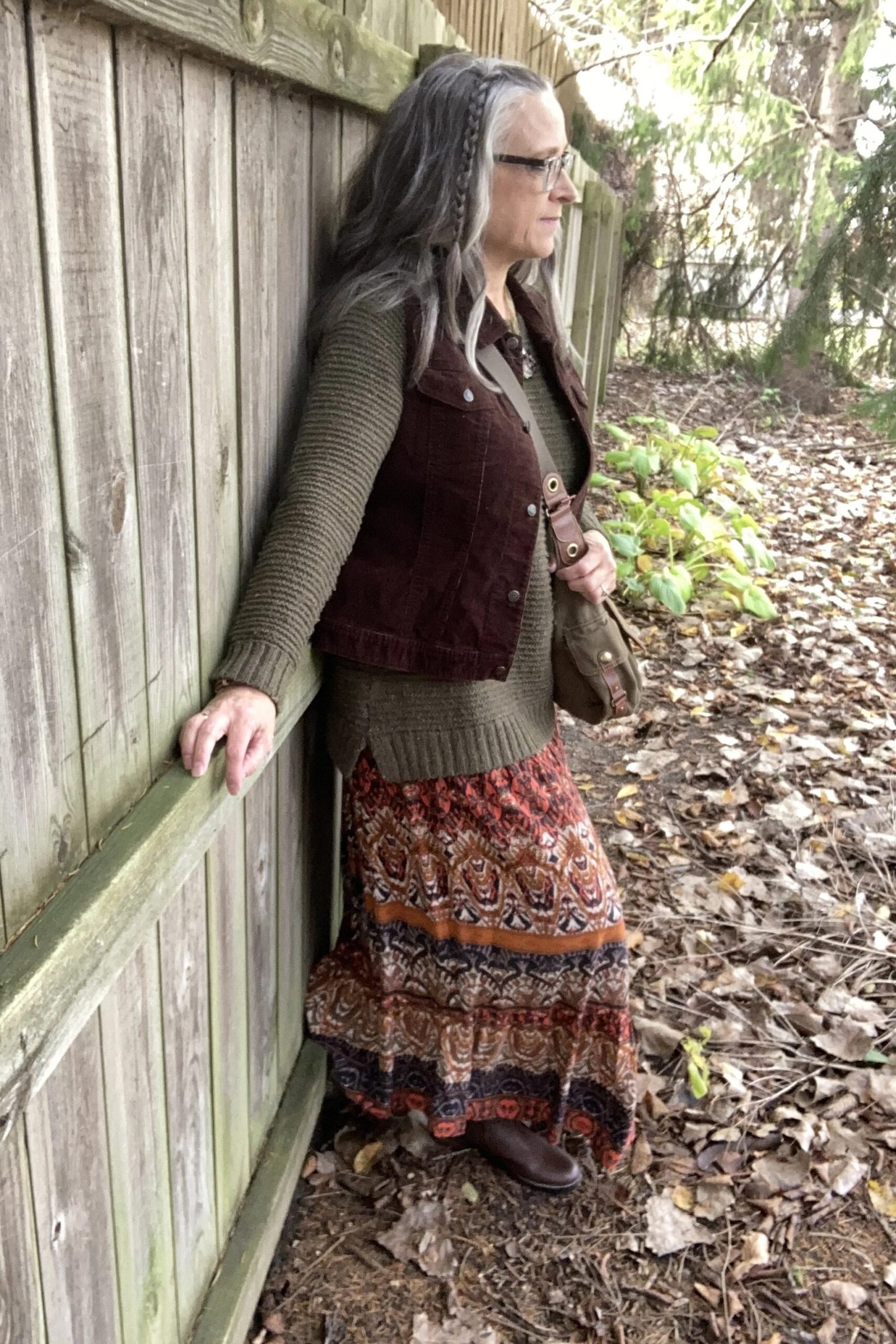 Brown Vest with Patterned Skirt - corduroy outfit idea for women over 50