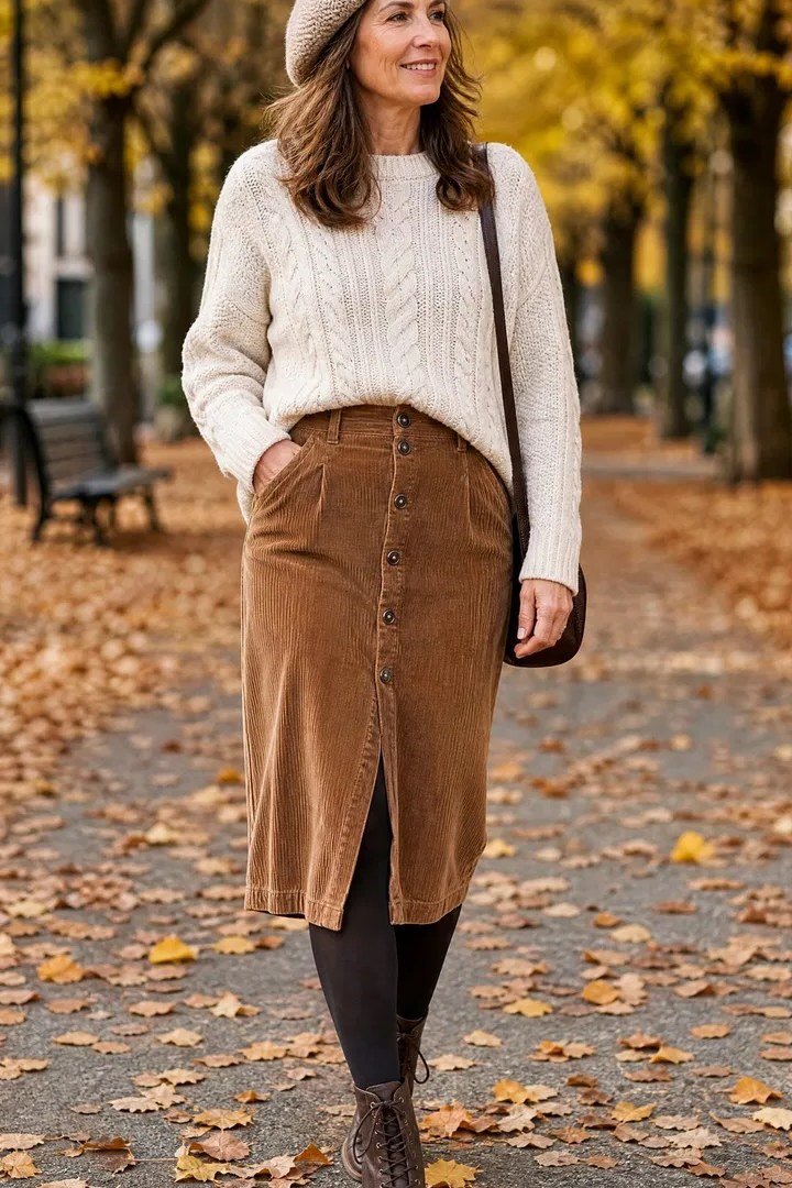 Cream Sweater with Tan Skirt and Beret - corduroy outfit idea for women over 50