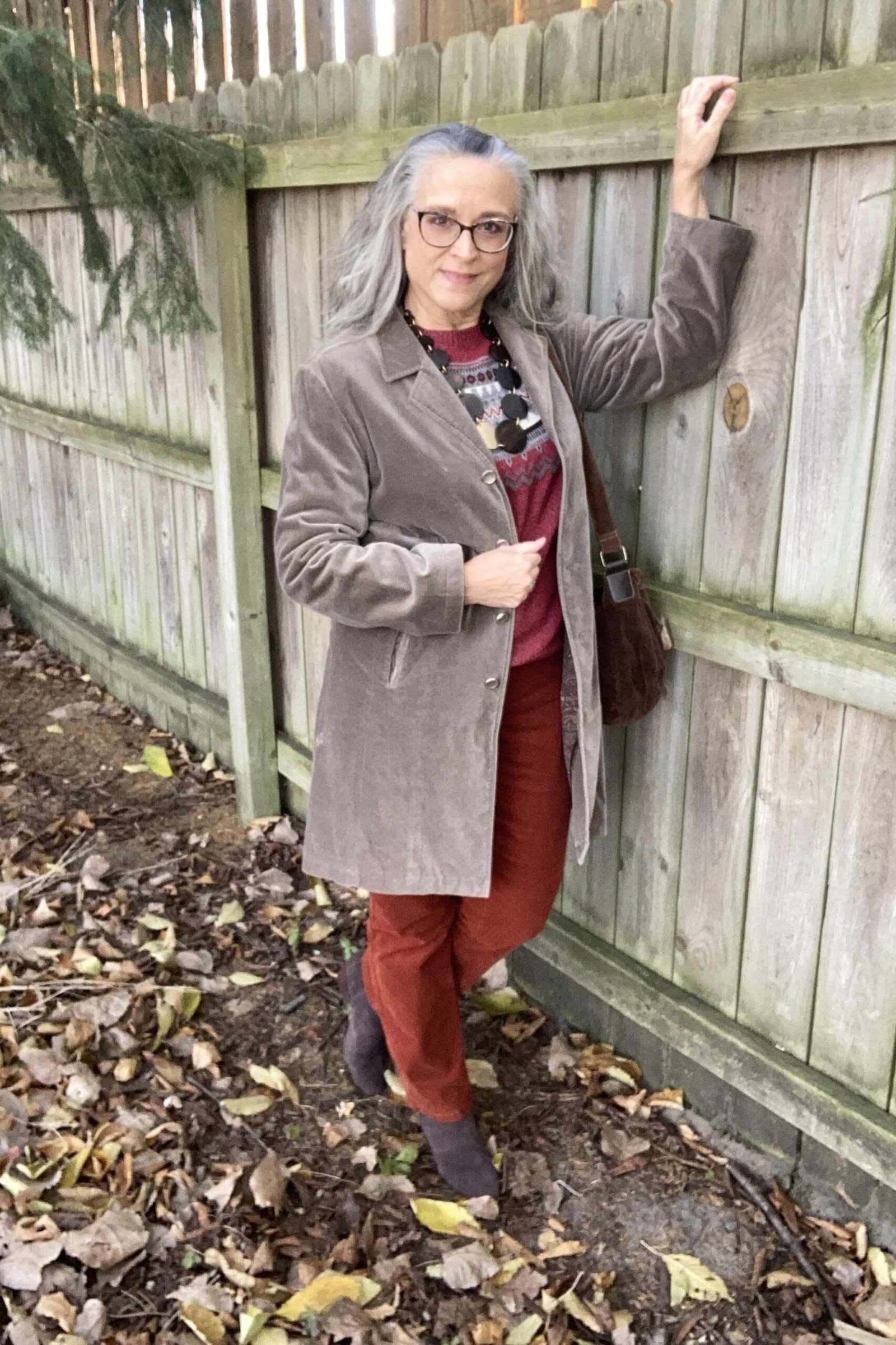 Grey Coat with Rust Pants - corduroy outfit idea for women over 50
