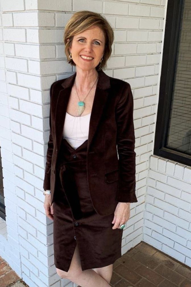 Chocolate Blazer and Skirt Suit - corduroy outfit idea for women over 50