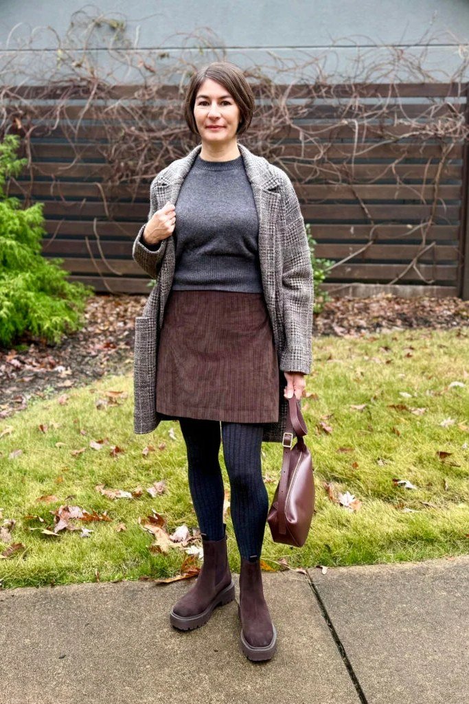 Grey Coat with Burgundy Skirt - corduroy outfit idea for women over 50